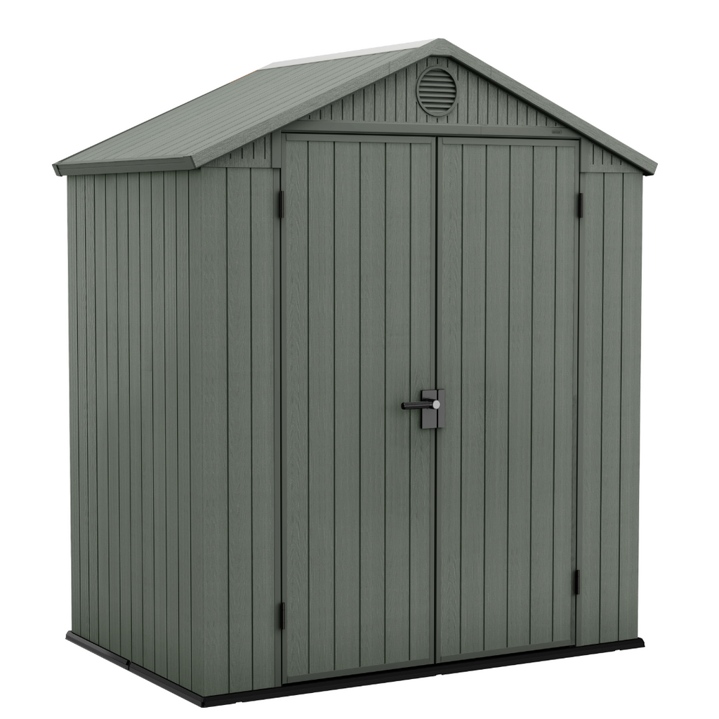 Gray storage shed with a door on a white background