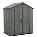 Gray storage shed with a door on a white background