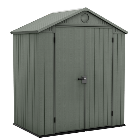 Gray storage shed with a door on a white background