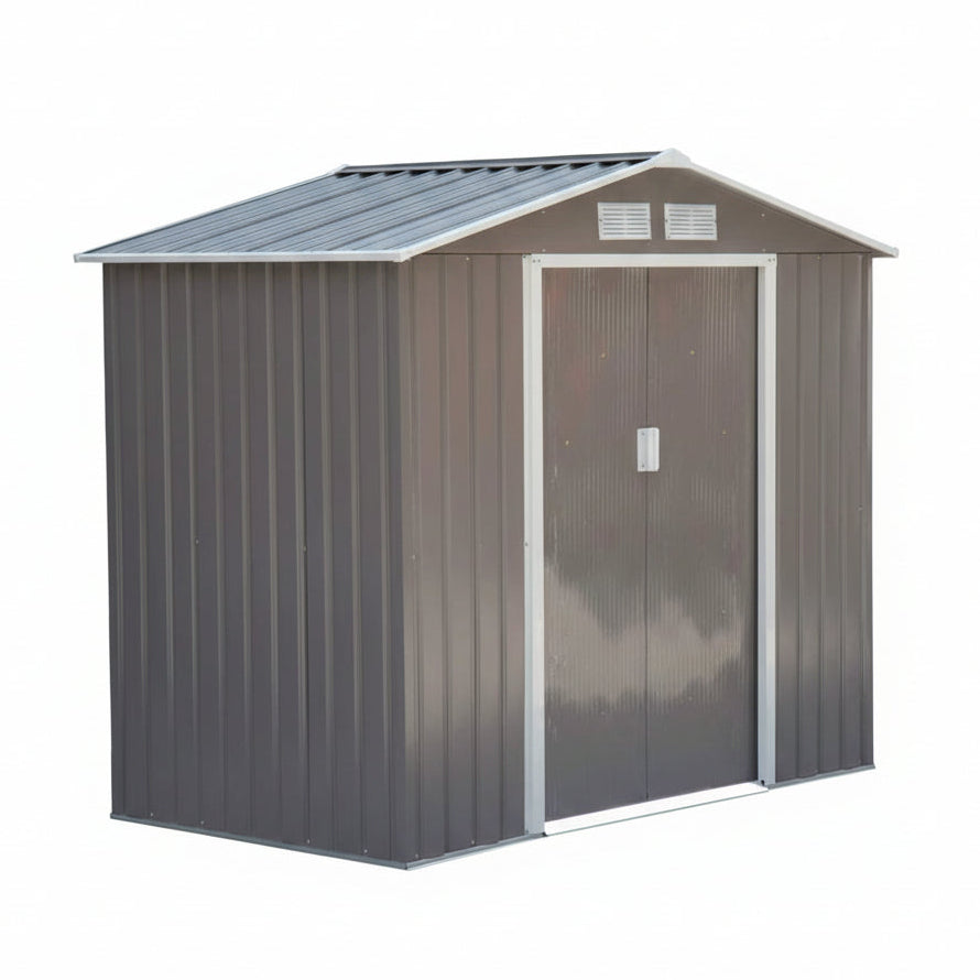 7x4ft Metal Apex Garden Shed, Lockable Outdoor Storage Shed with Double Sliding Doors