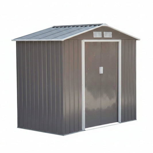 7x4ft Metal Apex Garden Shed, Lockable Outdoor Storage Shed with Double Sliding Doors