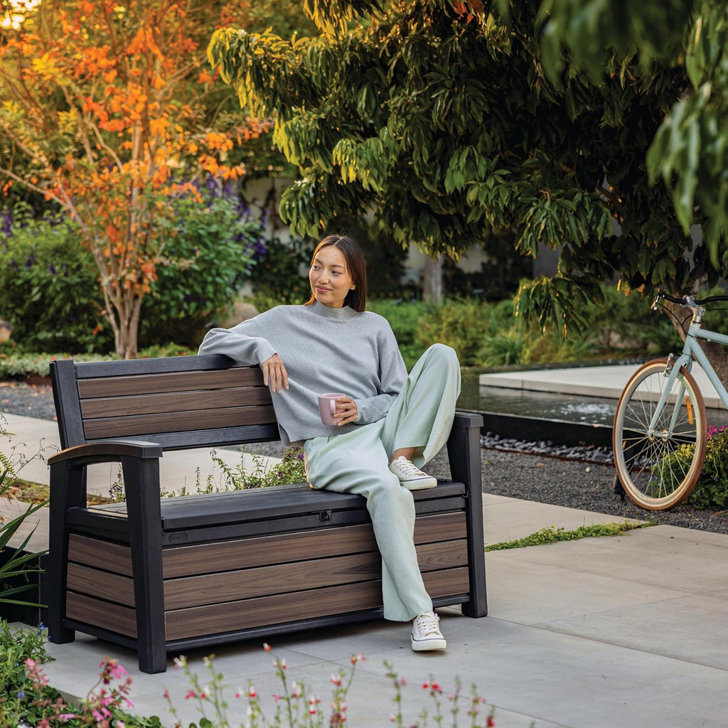 227L Outdoor Storage Bench - Seats 2, Wood-Look Resin, All-Weather