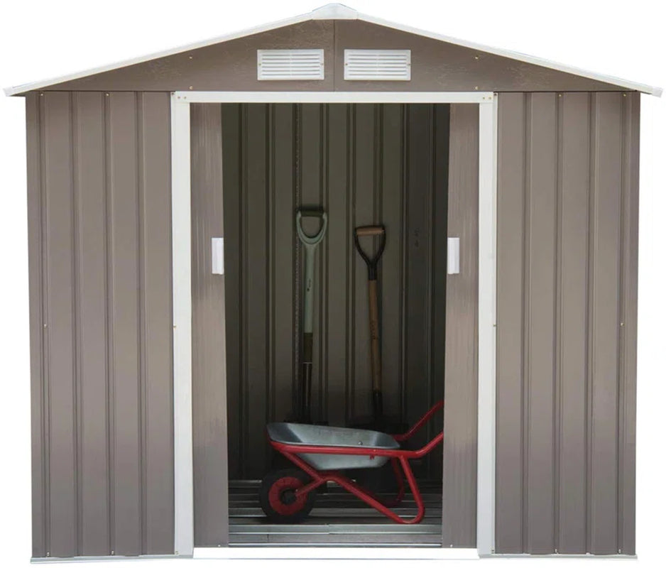 7x4ft Metal Apex Garden Shed, Lockable Outdoor Storage Shed with Double Sliding Doors